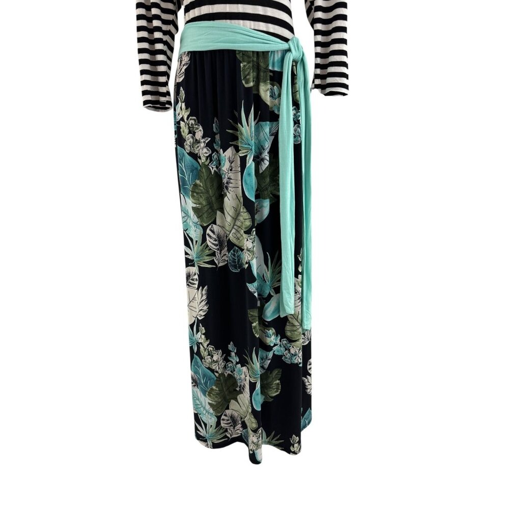 Striped Top Palm Print Maxi Dress w/Attached Sash Tie Size 3XL Tropical Plus Sz - Picture 3 of 6